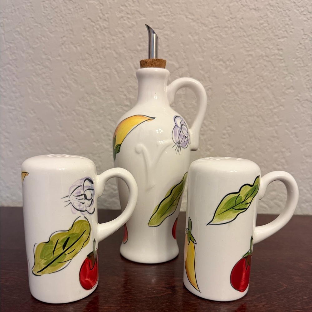 Vtg Italian Garden Hand Painted Ceramic Salt & Pepper Shakers & Vinegar Cruet